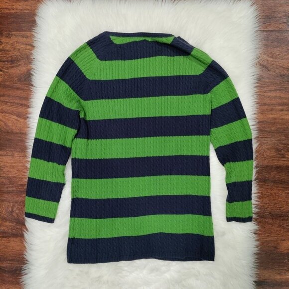 L.L. Bean Vintage Womens Striped Green & Navy Button-Up Cardigan Sweater L - Picture 3 of 12